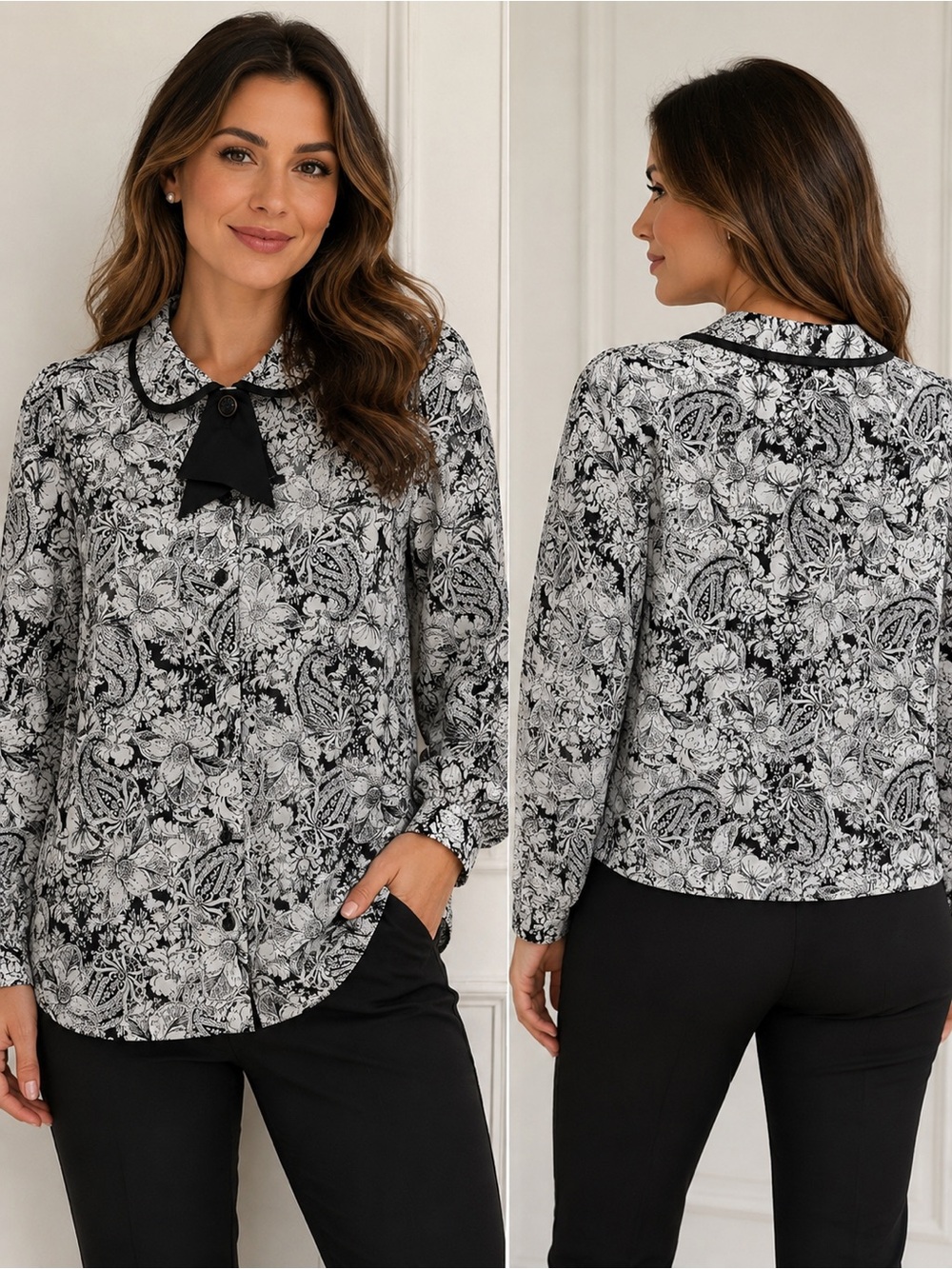 Judy Bond Vintage Black & White Floral Paisley Bow Blouse Size 12